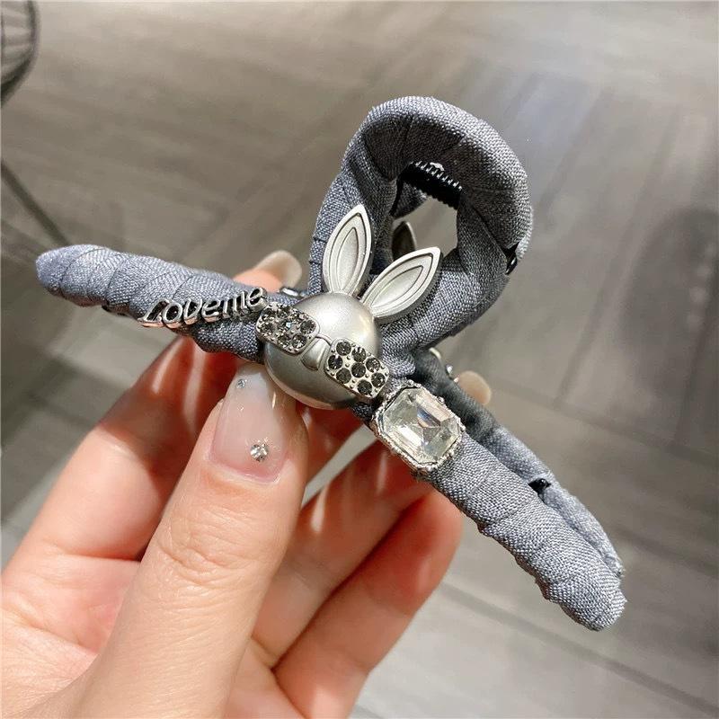 

1pc French style fabric gray large bow clip, hair clip at the back of the head, cute rabbit flower princess shark clip