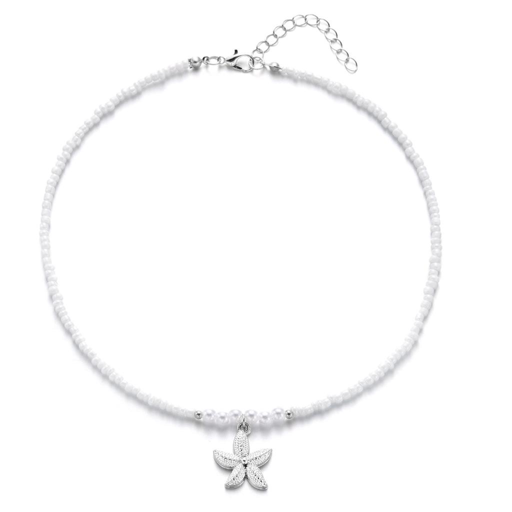 Bohemian Starfish Pendant Pearls Bead Necklace Adjustable Length Portable Jewelry for Beach Vacation and Parties