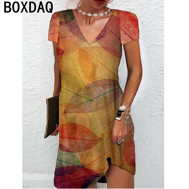 Abito estivo da donna a maniche corte con scollo a V, 3D, floreale vintage, sfumato, elegante, taglie S-3XL, casual, abiti a linea A