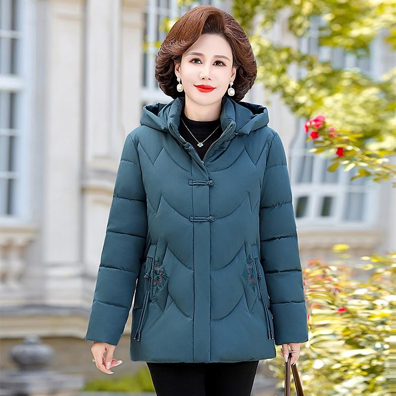 Women's Winter Puffer Cotton Padded Jacket Grandma Hooded Fleece Thick Parkas Warm Loose Retro Embroidery Snow Coat Loose Female