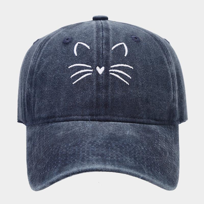 

Retro Cat Design Cotton Baseball Cap With Curved Brim And Windproof Features For Outdoor Activities Navy Blue Cat