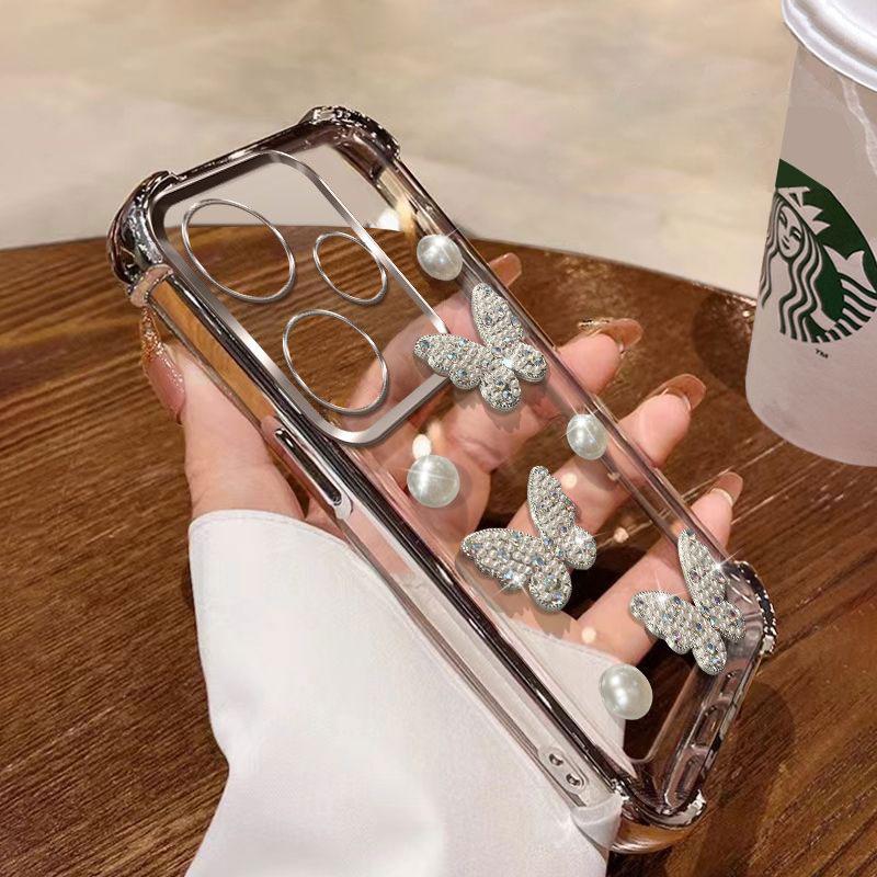 Poco F6 Pro Luxury Pearl Butterfly Bracelet Shockproof Plating Case For Xiaomi Redmi 14C 13 13C 12 12C 10 9 9A 9C A5 4G Cover
