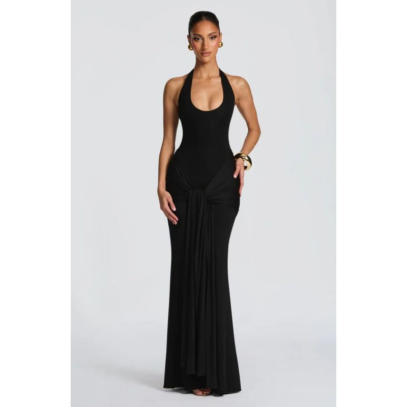 

Cross-Border European and American Style Women s Clothing, New Spring Fashion U-Neck Halter Neck Dress with Ribbon Splicing, Slim Fit Bodycon Dress Black S