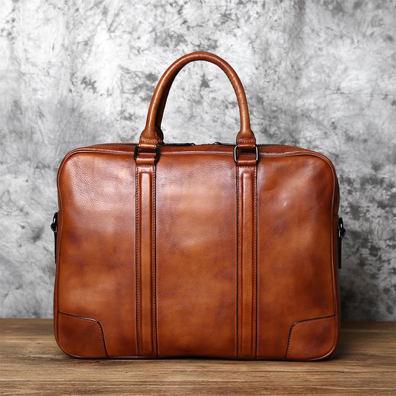 

NZPJ Retro Handmade Leather Men s Handbag Top Layer Cowhide Briefcase Vegetable Tanned Leather Horizontal Business Computer Bag коричневий