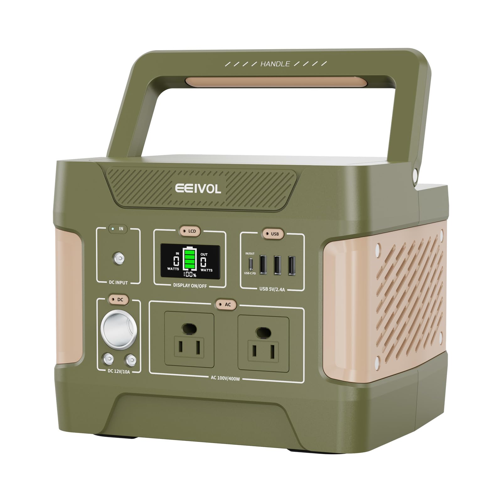 

EEIVOL Portable Power Iron 400W AC Output High Over High BMS Battery 100W Fast PSE LED Pure Sine MPPT Solar Charging Station, Phosphate,