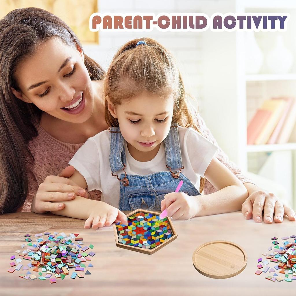 DIY Mosaic Tiles Crafts Kits for Adults, Mixed Stained Glass Mosaic Kit with 2 Sets Wooden Coaster Making Materials Package,Mosaic Adult Crafts for