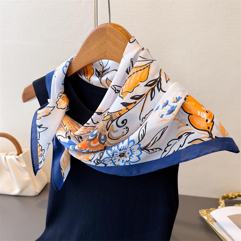 Vintage Rural High-end Printed Silk Scarf Imitation Square Versatile Shawl Neck Small Headscarf Women