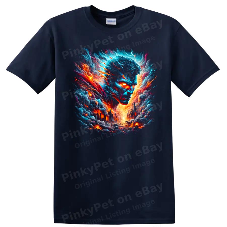 Superman Cosmic Storm T Shirt w/ Electric Sky Fiery City Art Graphic Hero Tee