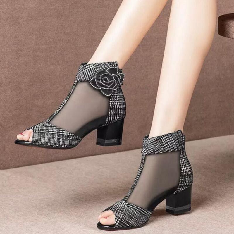 Modă FHC Sandale Noi Cizme, Pantofi Plasa Dantelă Femeie, Vârf Decupat Tocuri Înalte Sexy Glezna Botas, Fermoar Spate, Toc Gros, Floare, Negru, Roșu, Dropship