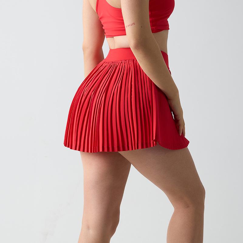 In-Stock High Waist Pleated Athletic Skort with Anti-Exposure and Quick-Drying Features, Side Pockets, and Midi Length