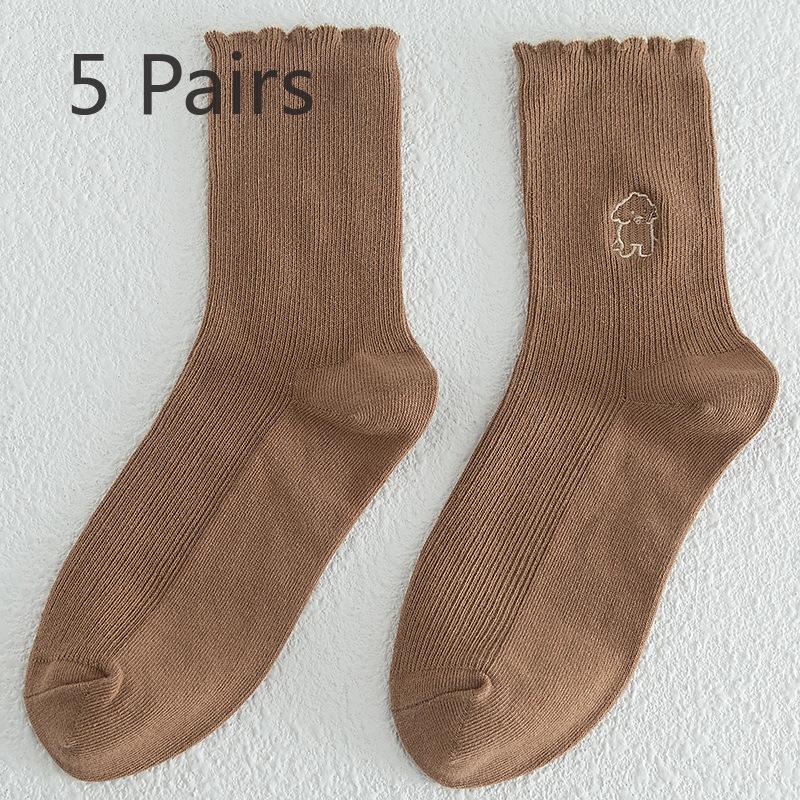 5 Pairs of Women's Autumn and Winter Lace Preppy Cute Cartoon Wooden Ear Edge Cotton Tube Pile Socks