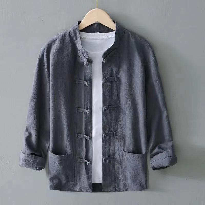 Chinese Style Men's Disc Buckle Cotton Linen Shirt Stand-up Collar Men's Retro Style Blouse Spring and Autumn Chinese Linen Long-sleeved Shirt