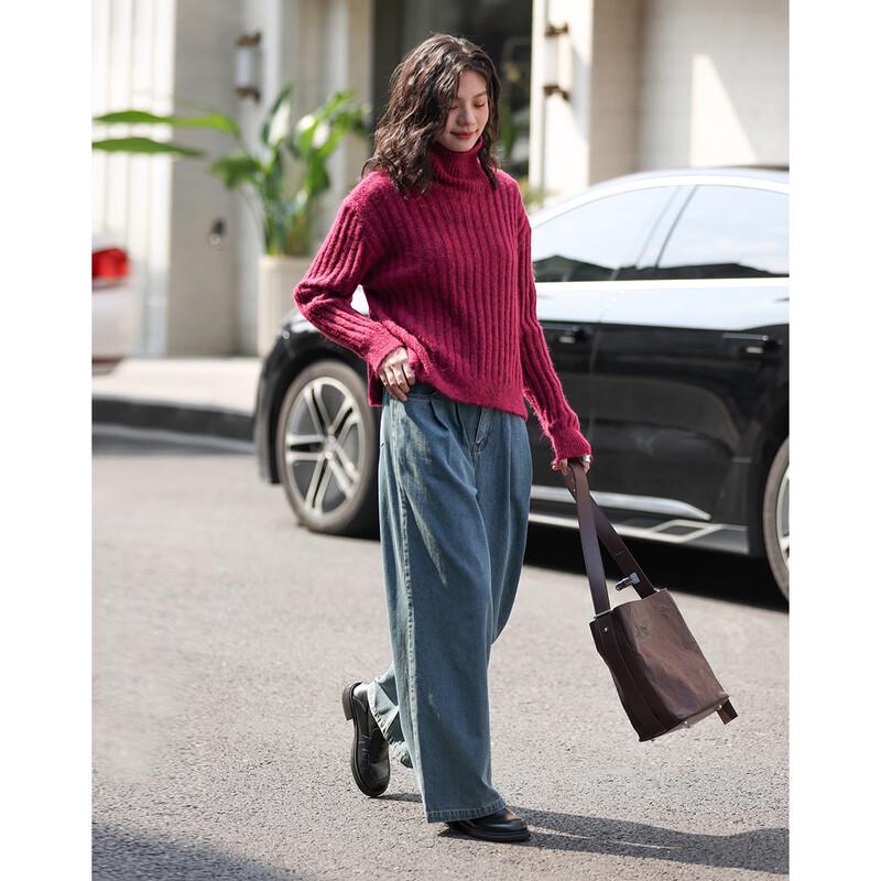 Demana Wine-Stained Bayberry High-Neck Knit Sweater