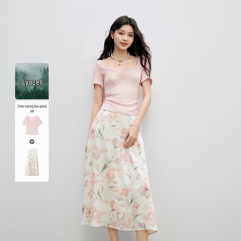 Qiushui Yiren Floral V-neck Top & Skirt Set S