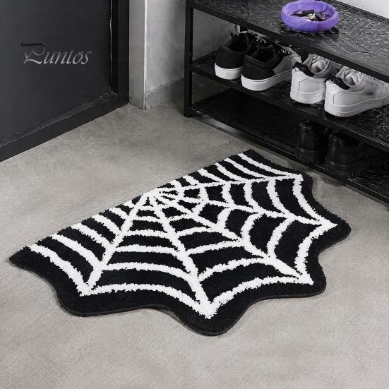Durable Fade-resistant Rug Halloween Bathroom Rug, Spider Web Bath Mat, Gothic Pumpkin Lantern High-definition Printed Carpet Non-Slip Area for Front