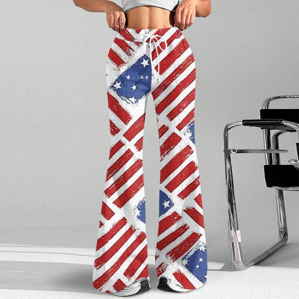 Women's Fashion Loose Drawstring Tight Waist Independence Day Printed Casual Sports Pants Casual Flared Pants