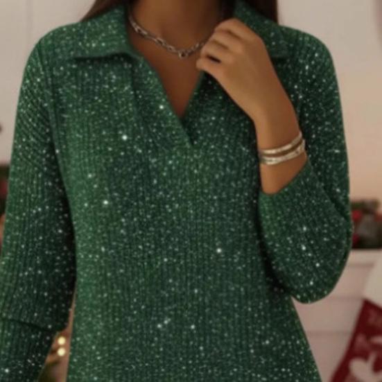 Women Knit Mini Fall Sweater Dress Sparkly Long Sleeve Lapel V Neck Dress Casual Ribbed Pullover Pleated Swing Dress