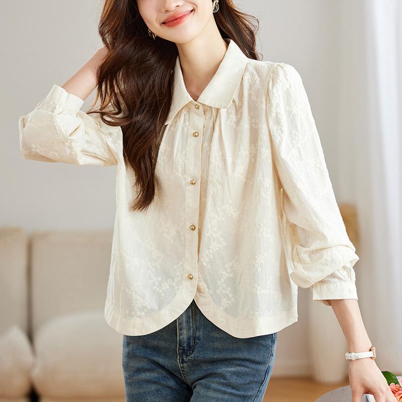 French Gentle Style Pure Cotton Embroidered Shirt for Women In Spring and Autumn Design Niche Slim Fit Top for Women