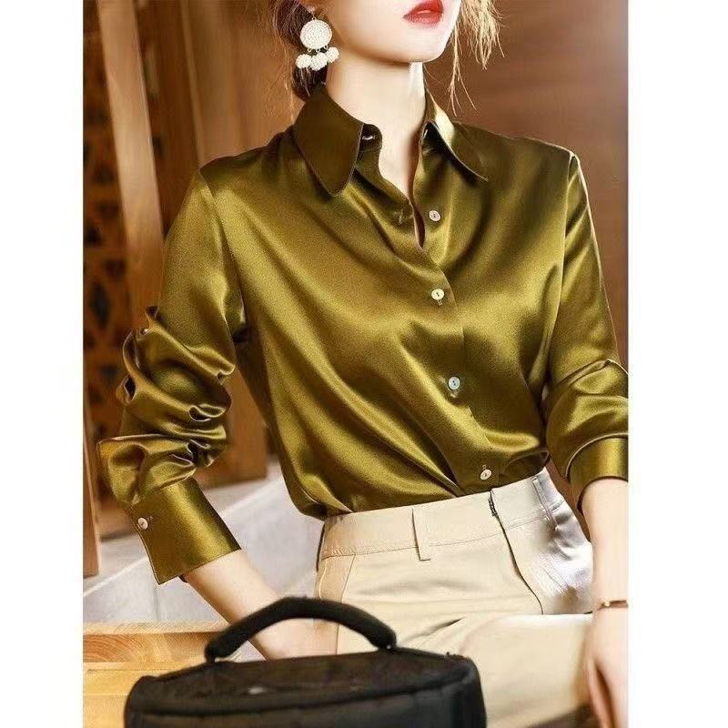 Color New Premium Gray Acetate Satin Shirt Women's Long Sleeve Chic French Silk Professional Shirt