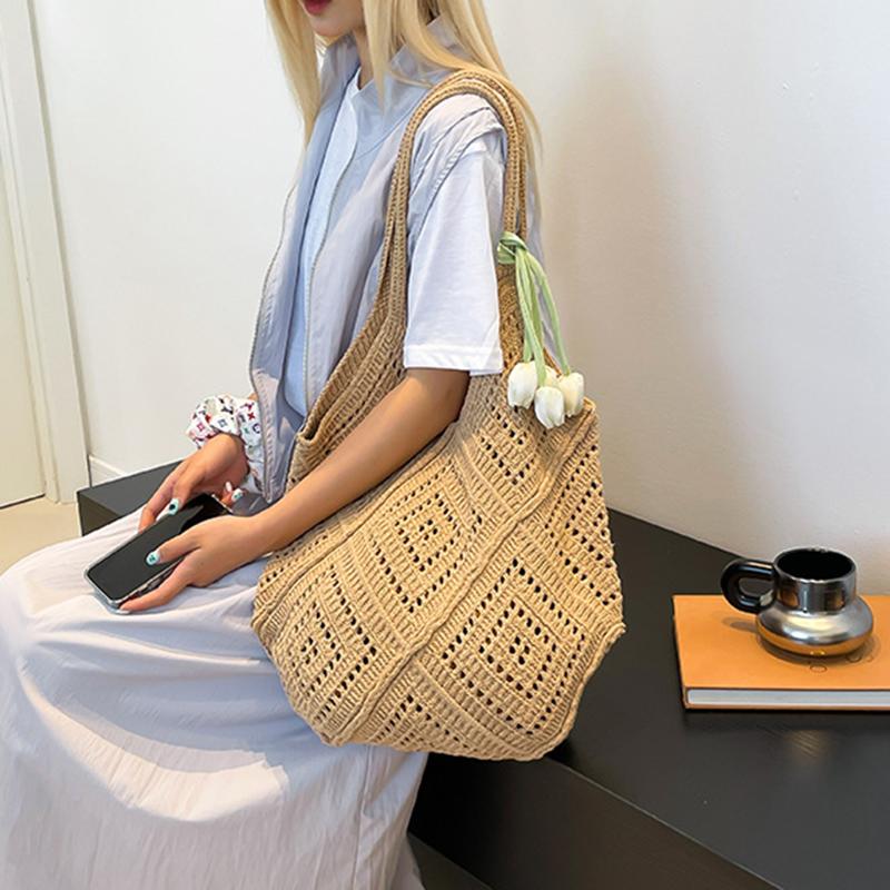 New Trend Women's Bag Crochet Handbag Retro Knitted Solid Color Hollow Top-handle Tote Bag Travel Shopper Shoulder Bag CLE