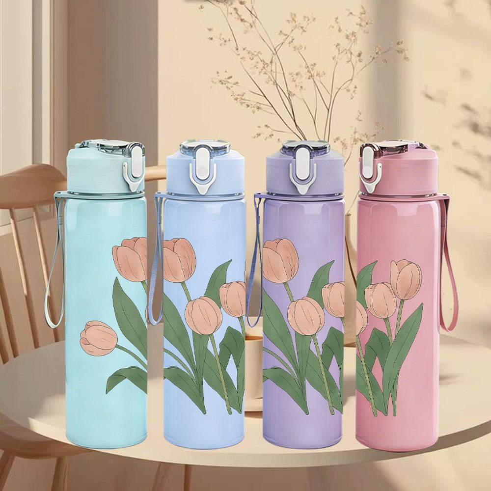 1PC Light Pink Tulip Flower Bouquet 750ml Color Plastic Sports Water Bottle Leakproof Flip Straw Lid For Sports Office Home Use