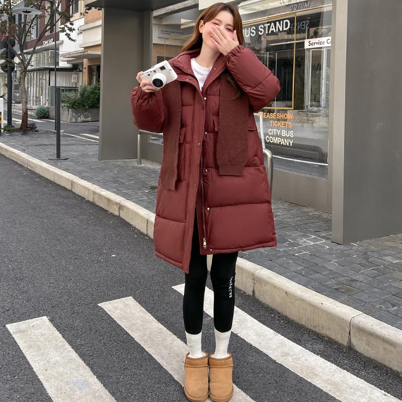 Down cotton jacket women's winter mid-length padded jacket loose knitted shawl thickened cotton jacket 2025 new coat