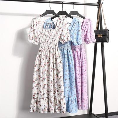 Summer Floral Print Dress Women Casual Slim Fit Square Collar Pleated Waist Medium Long White Sizes S-XL