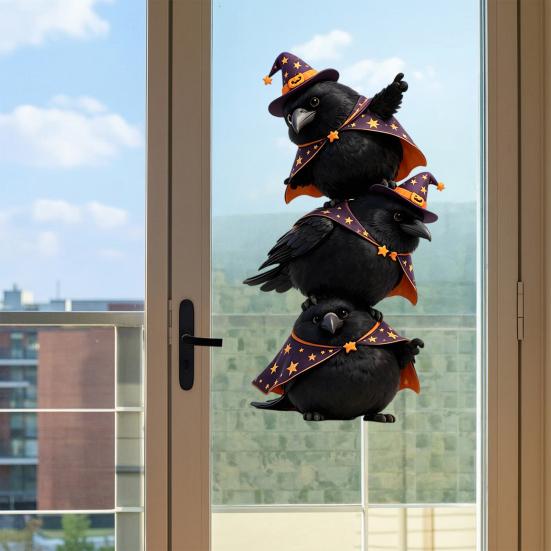 Static Glass Sticker, Traceless Reusable Window Decal, Halloween Bird Shapes Wizard Hat Crow Colorful Parrot Skull Spider Web Window