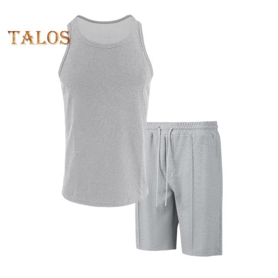 2 stk/sett Herre Sportsklær Vaffelstoff Ensfarget O-hals Ermeløs Vest Elastisk Midje Vide Ben Shorts Dress Fritidsklær