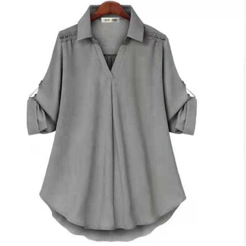 

Women s Large Size Cotton and Linen Stitching Shirt Loose Ruffled Grey 2XL