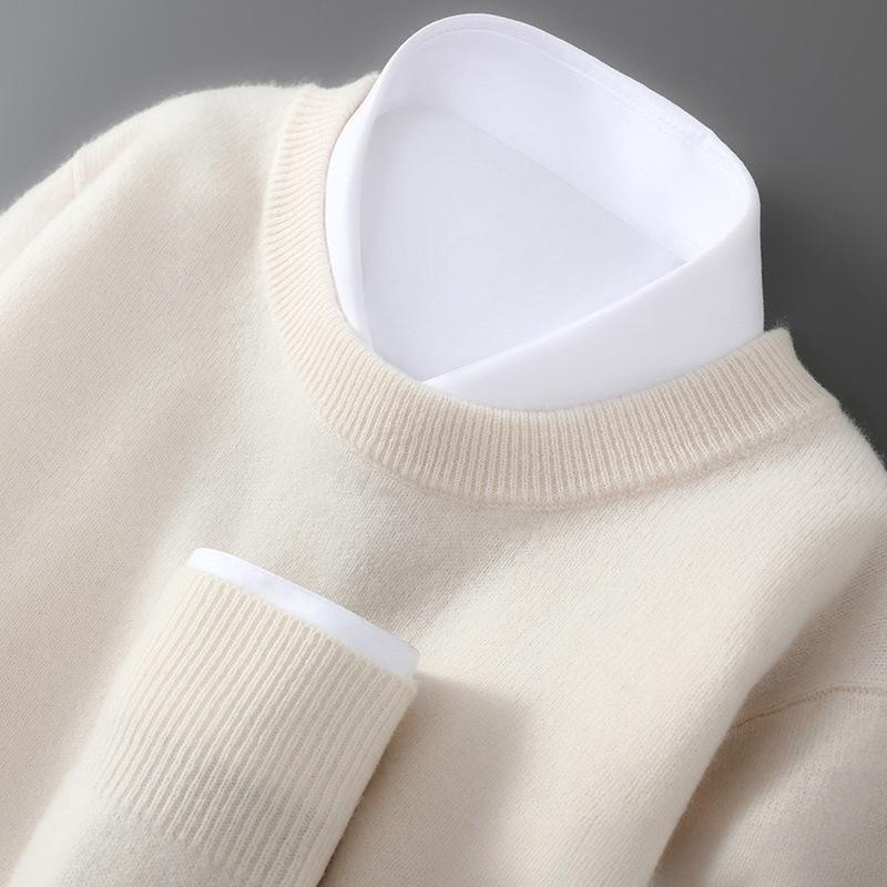 Men's 100% Pure Wool Round Neck Loose Pullover Sweater - Plus Size Cashmere Knit Base Layer for Autumn/Winter