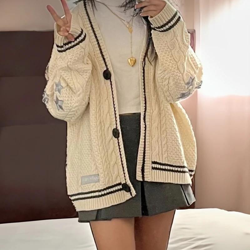 Podzimní a zimní svetr Hvězdná výšivka Pletený zapínání na knoflíky Oversized svetr jednořadý Dámský unisex svetr