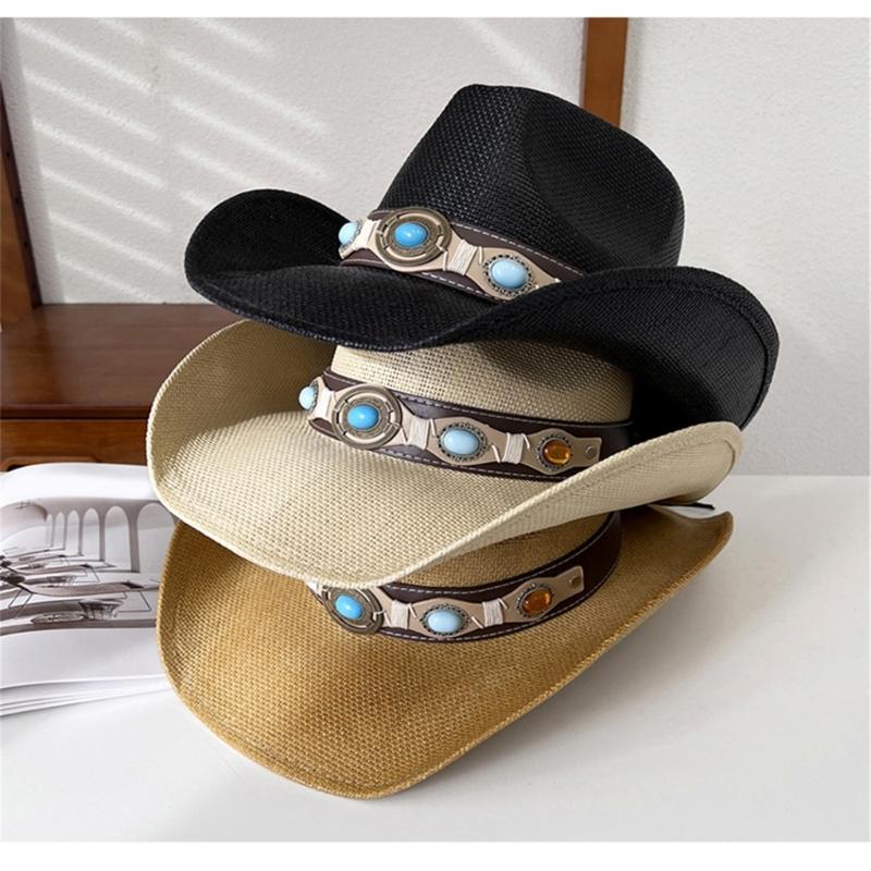 Handwoven Straw Hat for Female Cowgirl Hat with PU Belt Fashion Panamas Hat Music Festival Cowgirl Hat for Seasides Travel