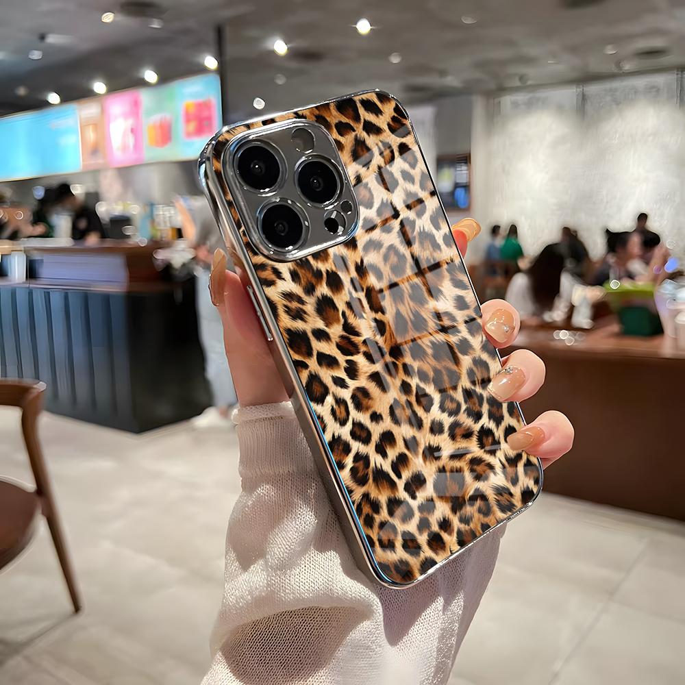 Luxurious Leopard Print Phone Case For IPhone 17 Pro Max 15 Pro 16 14 Plus 12 13 Mini 11 Pro Shockproof Electroplated Glass Cov