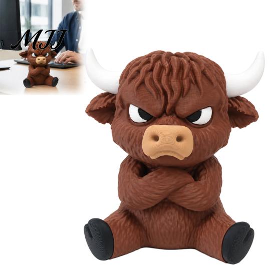 Artistic Hair Detail Ornament 3D Printed Angry Highland Cow Figurine, Cute Attitude Animal Desktop Three Dimensional Sitting Figurine Ornament, Statue