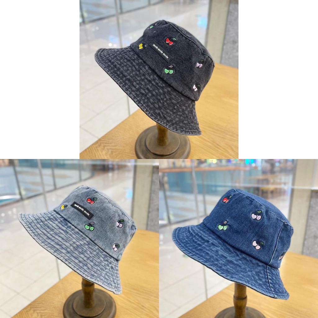 Cute Cherry Embroidery Denim Fisherman Hat Women's Fashion Street Casual Bucket Hat