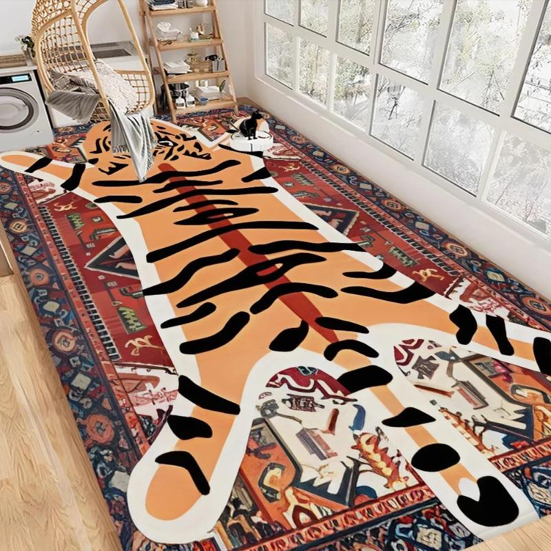 Playful Nordic Tiger Print Floor Mat Cartoon Style Doormat for Bathroom Toilet Bedroom Hotel Home Decor Easy Clean Fashionable
