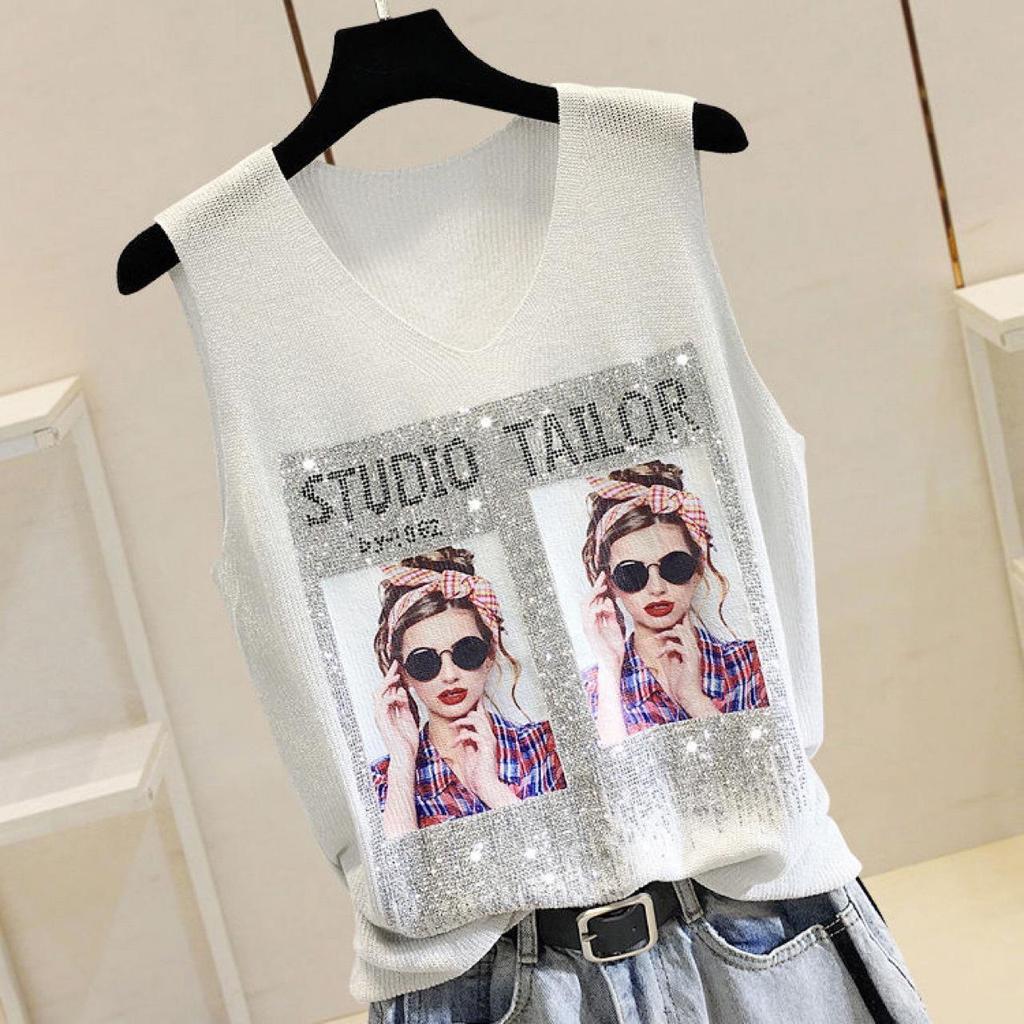 2023 Shiny Silk Sleeveless V-Neck Women's Vest - Spring/Summer New Style, Loose Fit with Hot Diamond Sling Knitted Design