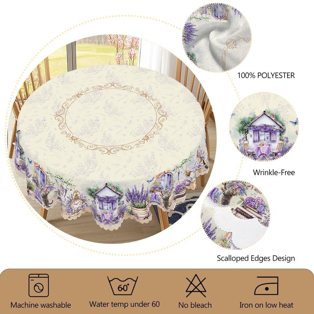 1 Cute Cat Lavender Print Round Tablecloth, 5 Sizes Available, Elegant Lavender Print Shading Design Square Tablecloth, Edge Embossing Process, Daily