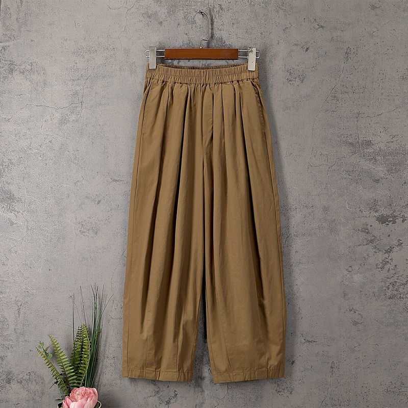 

Japanese Style Pure Color Thin Wide-Leg Pants Female 2024 Summer New Arrival Sweet Elastic Waist Pure Cotton Pants Casual Eighth Pants CAMEL All yards