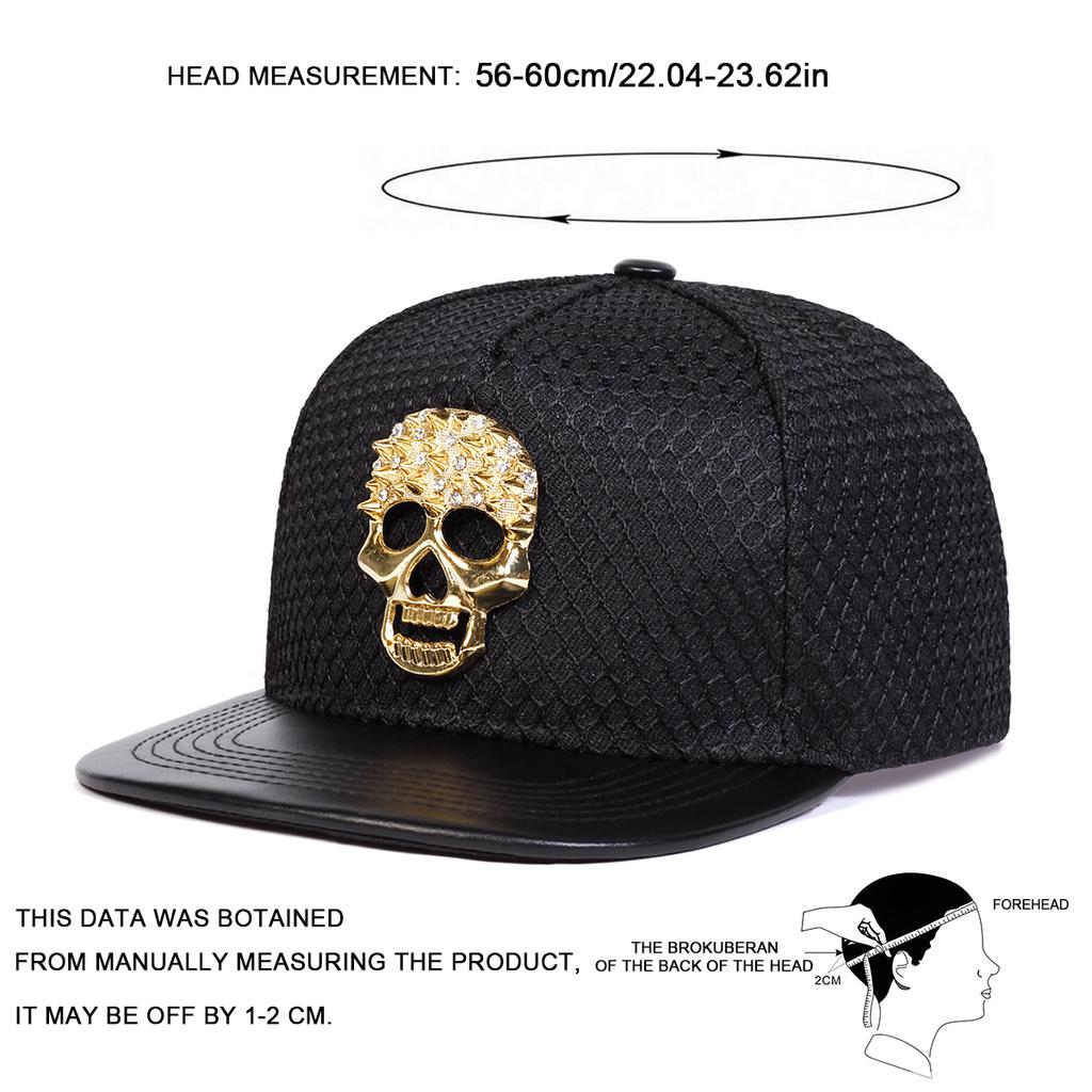 Unisex Metal Skull Decoration Adjustable Flat Top Baseball Hat Mesh Snapback Caps Spring Summer Outdoor Leisure Hats Travel Accessories for Women Men