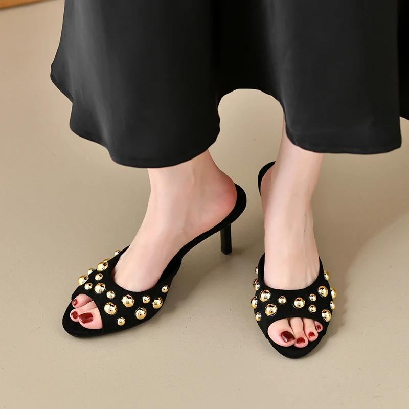 Summer New High-heeled Sandals Women's Temperament Round Head Shallow Rivet Thin Heel Versatile Outward Wear Flip-flops
