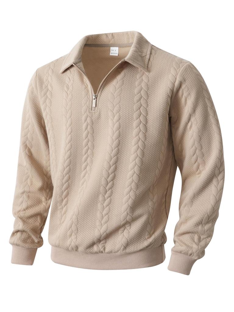 Men's Long Sleeve Jacquard Half-Zip Pullover Hoodie with Lapel for Spring and Autumn