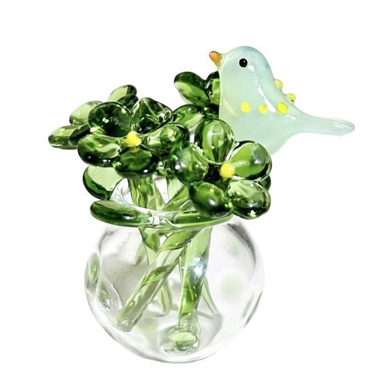 Niedliche Mini-Figur Blume aus Kunstkristall, mundgeblasenes Glas-Bouquet, Sammlerstück, kleines Blumenvasen-Ornament mit Biene/Vogel für Heim- und Büro-Tischdekoration