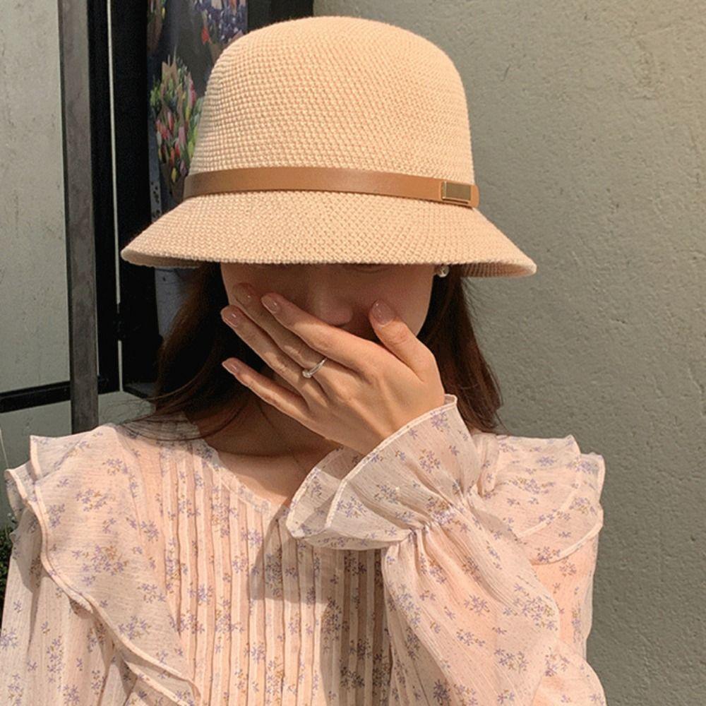 PU Leather Belt Women Sunscreen Hats Wide Brim Outdoor Straw Hats Korean Summer Bucket Hats  Girls