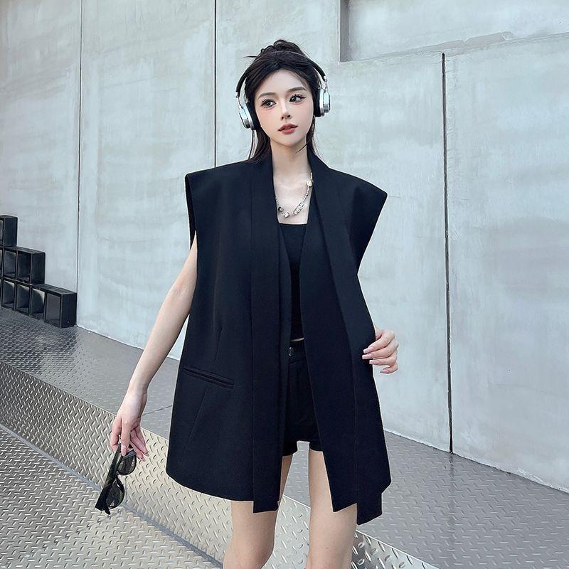 Women Summer High Sense Minimalist Sleeveless Blazer Fashionable Collarless Vest Blazer Jacket Casual Trendy Outerwear Top
