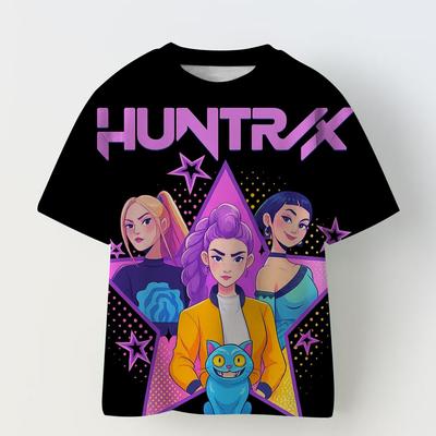 Demon Hunters Kpop T-shirt Girls Boys Short Sleeve Purple Anime Children's Clothing Huntrix Tiger Harajuku Tops Tshirt Gifts