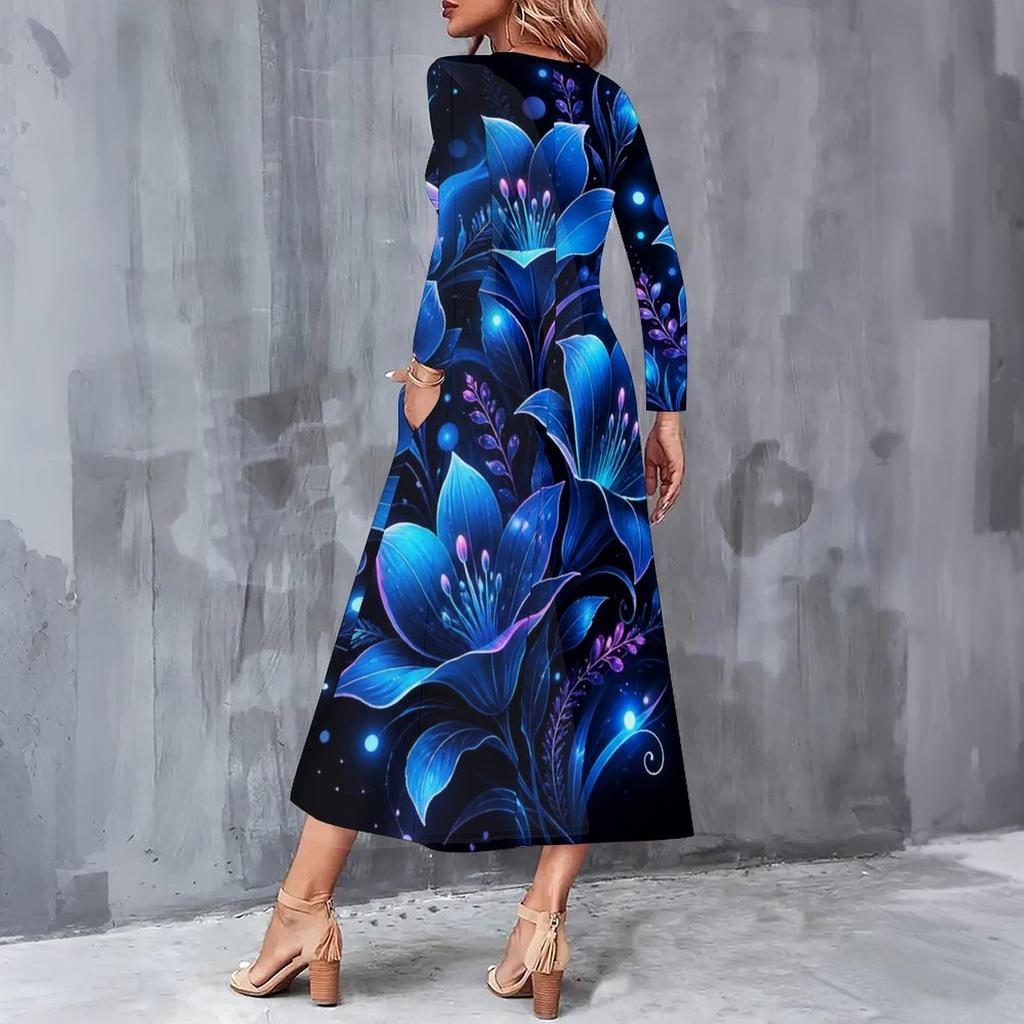 Women Plus Size Round Neck Long Sleeve Floral Printed A Line Midi Dress With Pockets