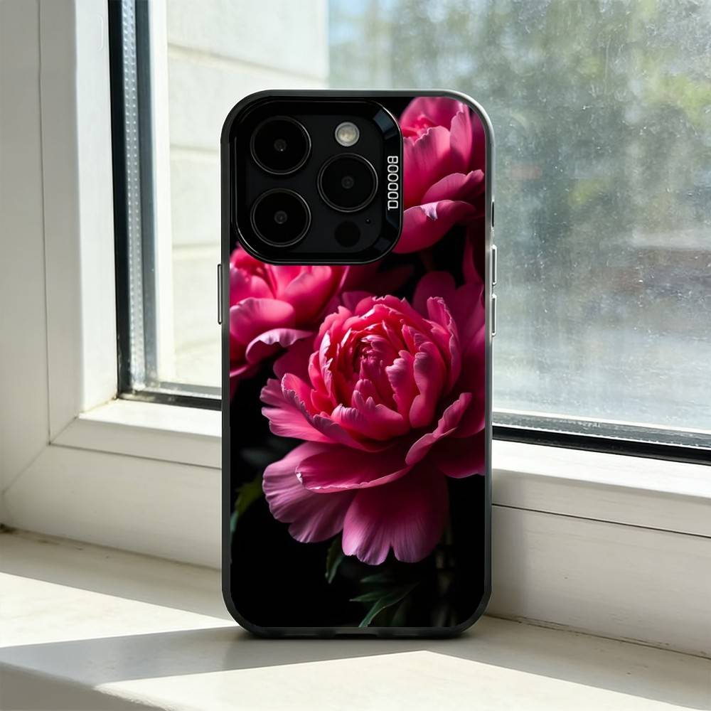 Elegant Peony F-Flower Phone Case For iPhone 17,16,15,14,13,12,11 Plus,Pro Max,XS,Colorful Silver Black Cover