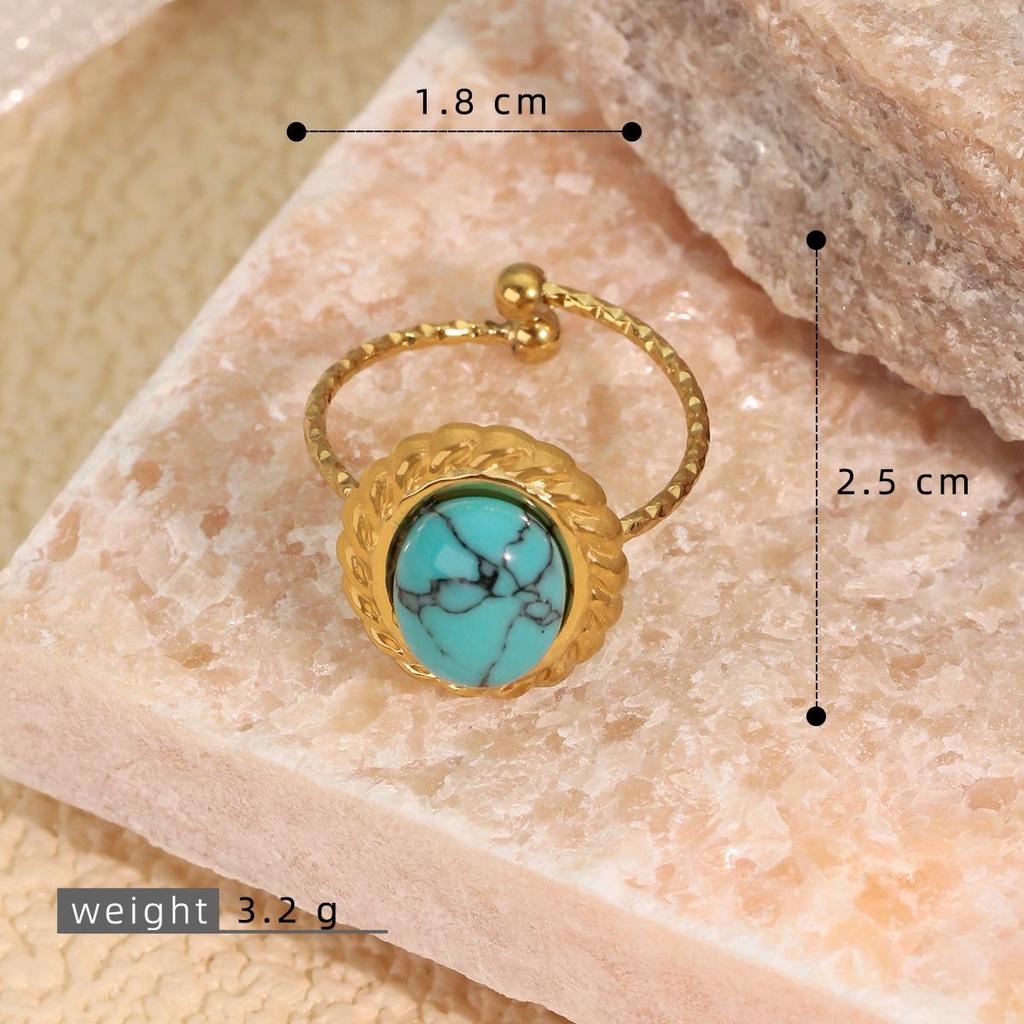 18K Gold-Plated Stainless Steel Open Adjustable Retro Natural Stone Ring